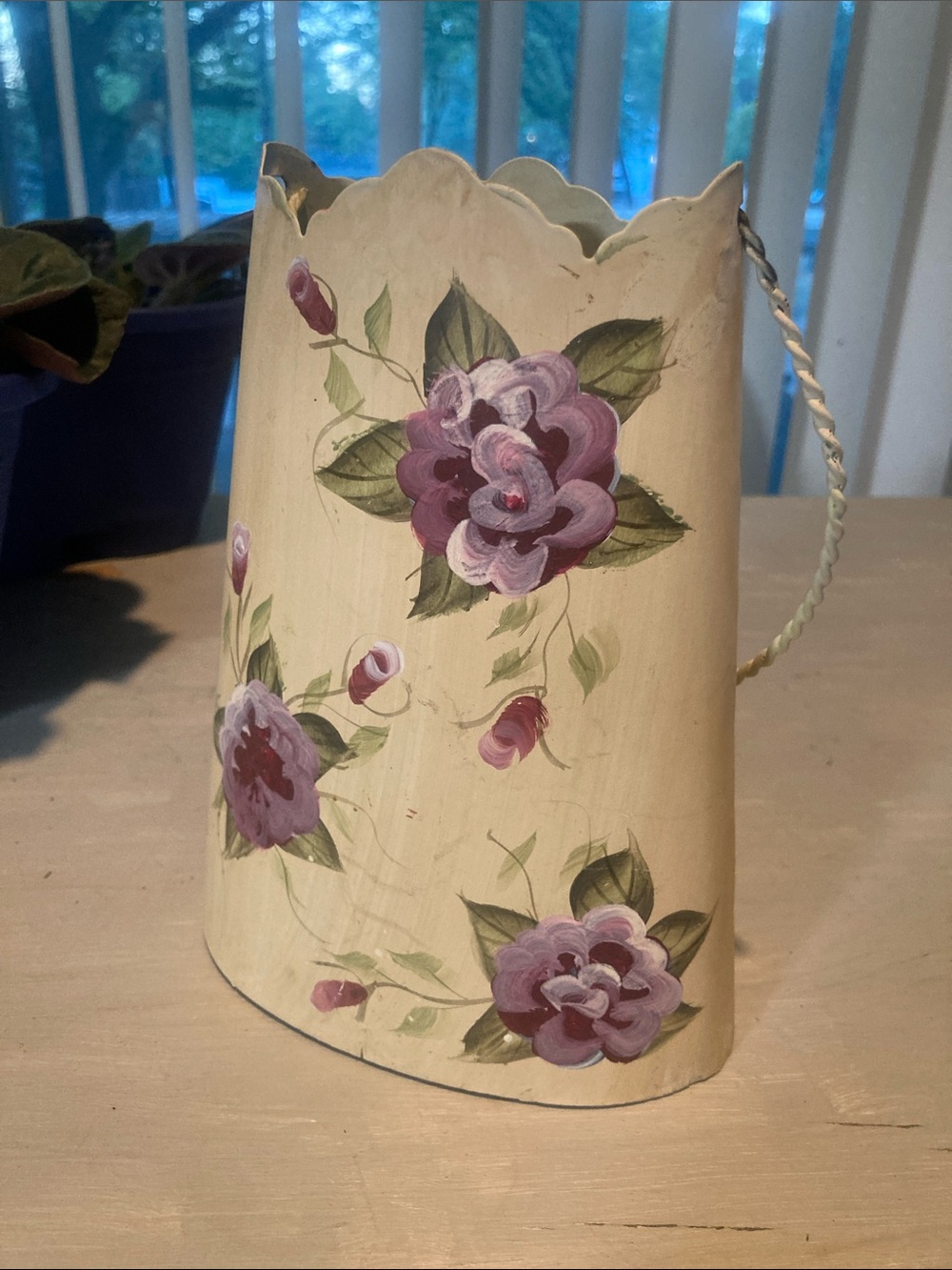 Hand-Painted Cream Floral Decorative Pitcher - Purple Rose Accent